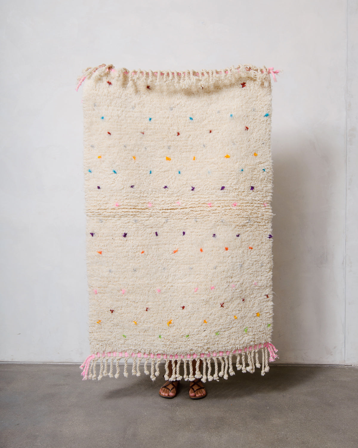 Modern, designer, handcrafted Berber rug from Morocco. Beniourain carpet with beautiful colours and patterns and fluffy wool texture.